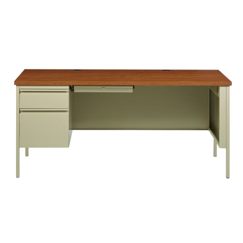 Hirsh Left-Hand Single Pedestal File Office Desk with Center Drawer, 30" D x 66" W, Putty / Oak